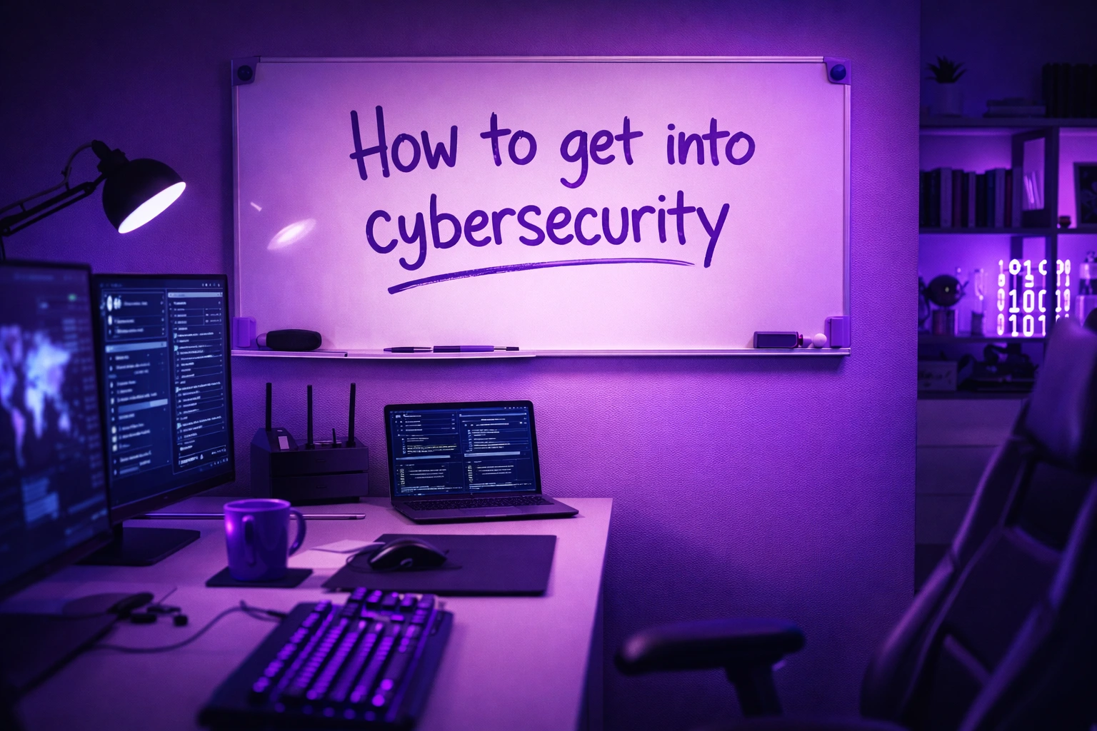 desk setup with "how to get into cybersecurity" written on whiteboard