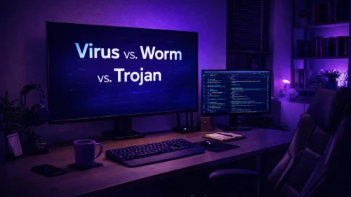 A virus, a worm, and a trojan desk setup