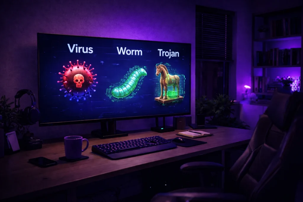 a virus, a worm, and a trojan desk setup #2